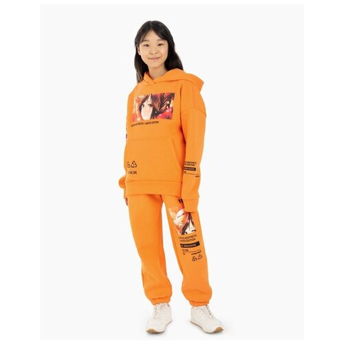фото Оранжевые спортивные брюки jogger с аниме-принтом и нашивкой для девочки gloria jeans
