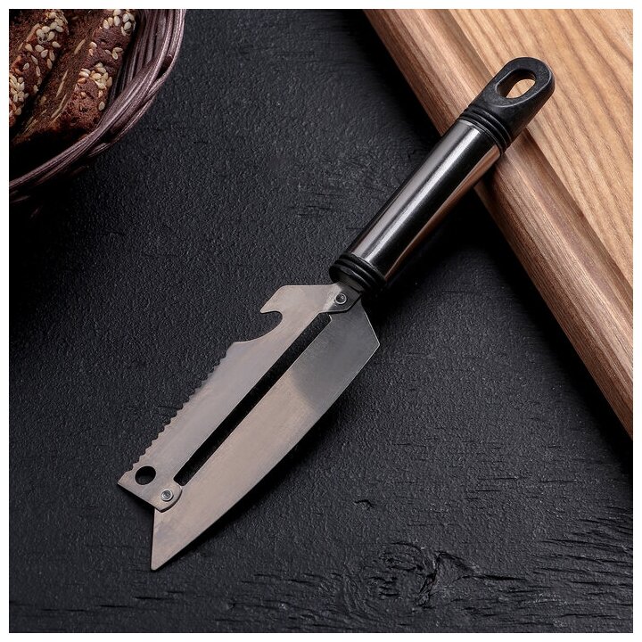 фото Шинковка, нож для нарезки, открывалка Доляна «Помощник», 3 в 1, 19,5 см (лезвие 9,8 см), цвет серебряный, чёрный