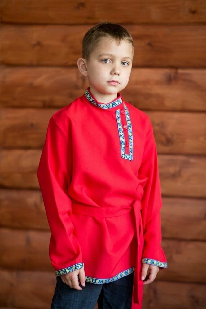 Косоворотка Иван, русская народная рубаха, красный, 3/4 года (98-104см)