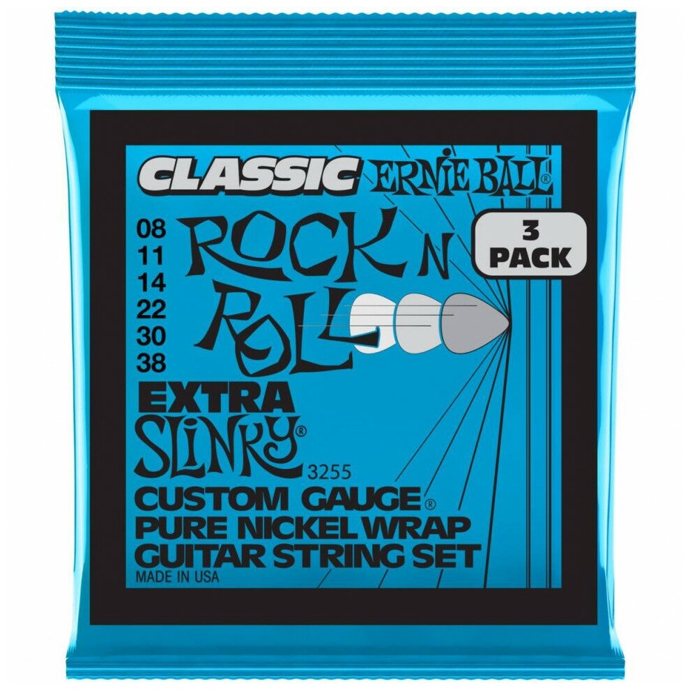 Набор из 3х комплектов струн для электрогитары ERNIE BALL 3255 Pure Classic RnR Slinky Extra 3 Pack 8-38