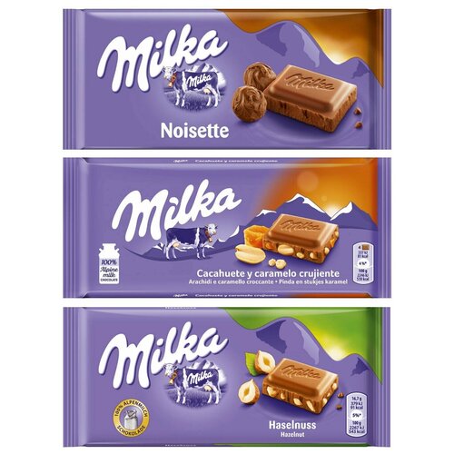 фото Шоколад milka noisette + peanut crispy caramel + hazelnuts (набор из 3 шт), 100 г, 3 уп.
