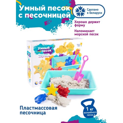 Кинетический песок Genio Kids с песочницей SSN10, натуральный, 1 кг, картонная пачка кинетический песок genio kids умный песок ssr071 бесцветный 1 кг пакет