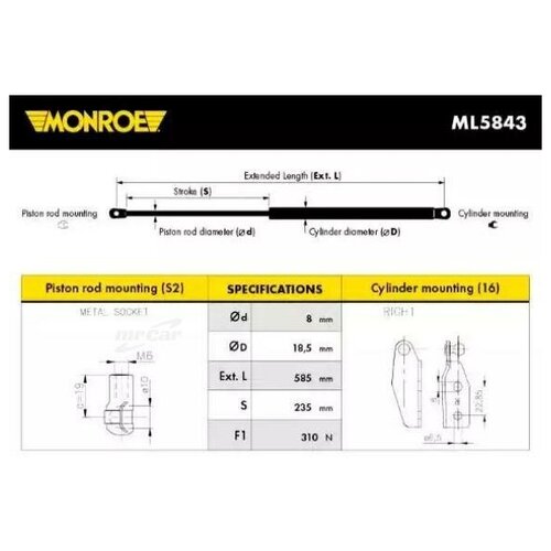 MONROE ML5843 Упор газовый monroe ml5720 амортизатор капота