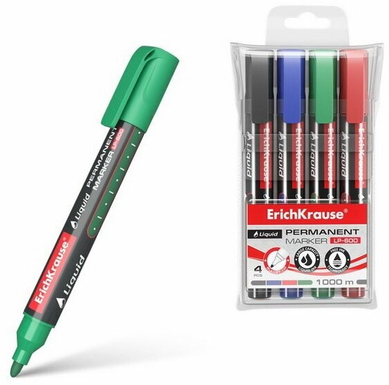 Набор маркеров перманентных Liquid LP-600, 4 штуки, 2.25 мм, чернила жидкие на спиртовой основе, чёрный, синий, красный, зелёный