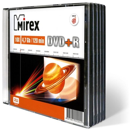 Диск DVD+R Mirex 4,7 GB 16x (5 штук в упаковке) 1 шт.