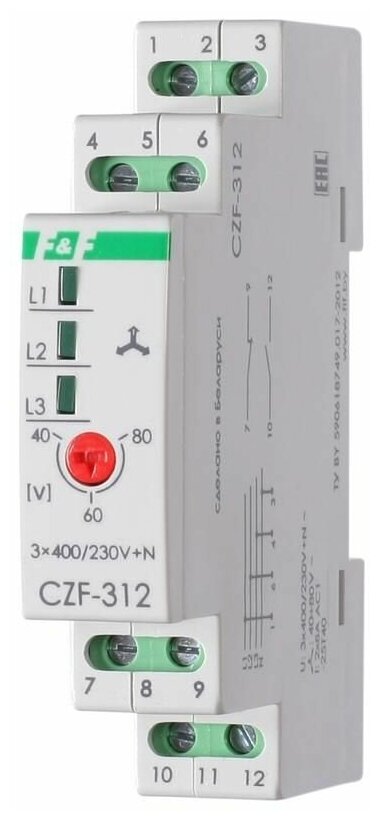 F&F Реле контроля и наличия фаз CZF-312 (монтаж на DIN-рейке 35мм; регулировка порога; без задержки отключения; 3х400/230+N 2х8А 1Z 1R IP20) F&F EA04.001.007
