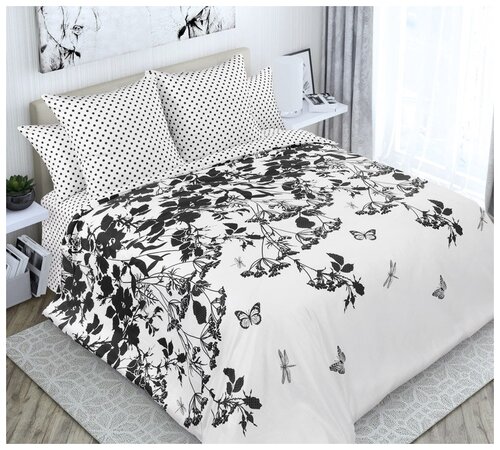 Постельное Белье 1,5-спальное Перкаль «Живанши 1 черный на белом арт 1250ПН» (цветы, бабочки)
