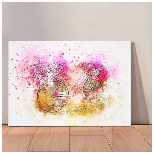 фото Картина рисунки акварель велосипед цветы, 50x67 см, картина на холсте на деревянном подрамнике с настенным креплением вау холст
