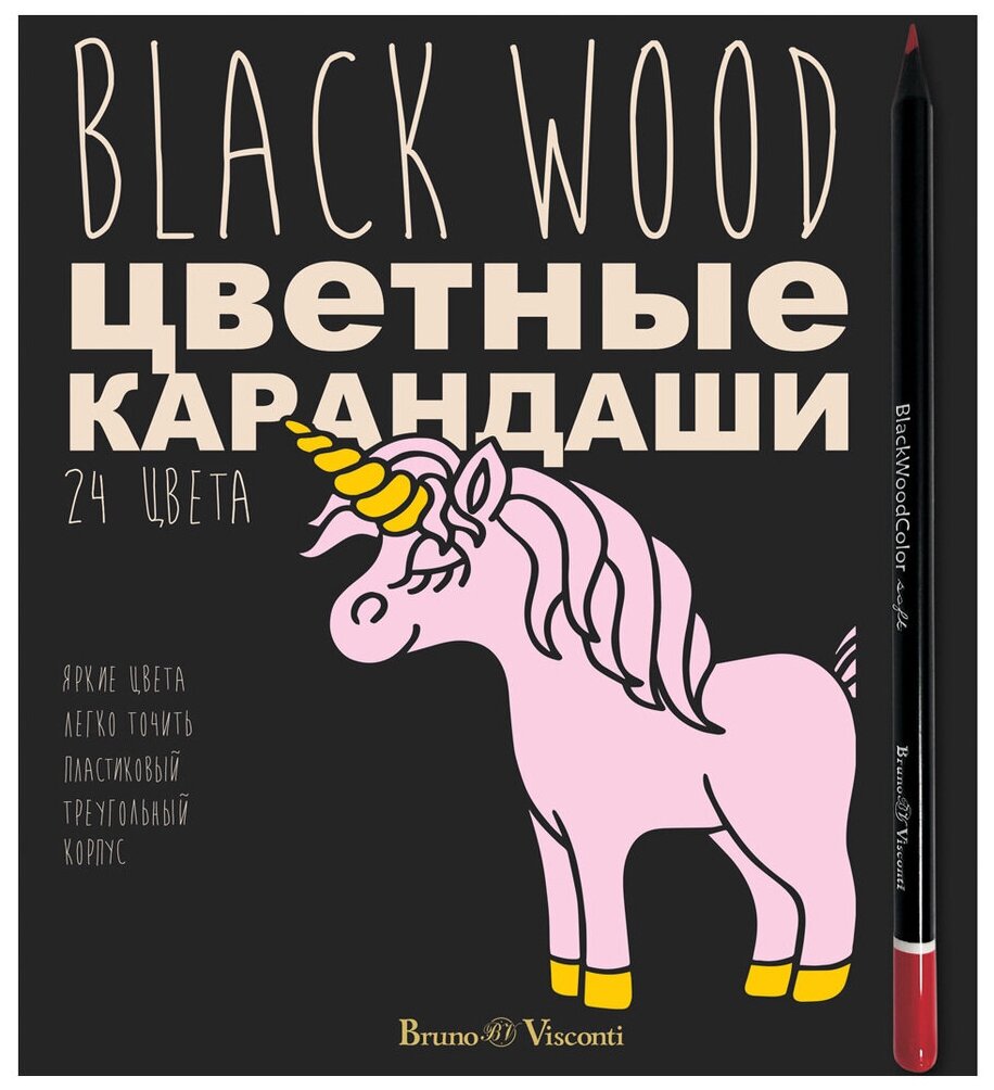 Цветные карандаши 24 цвета Bruno Visconti "BlackWoodColor", Единорог