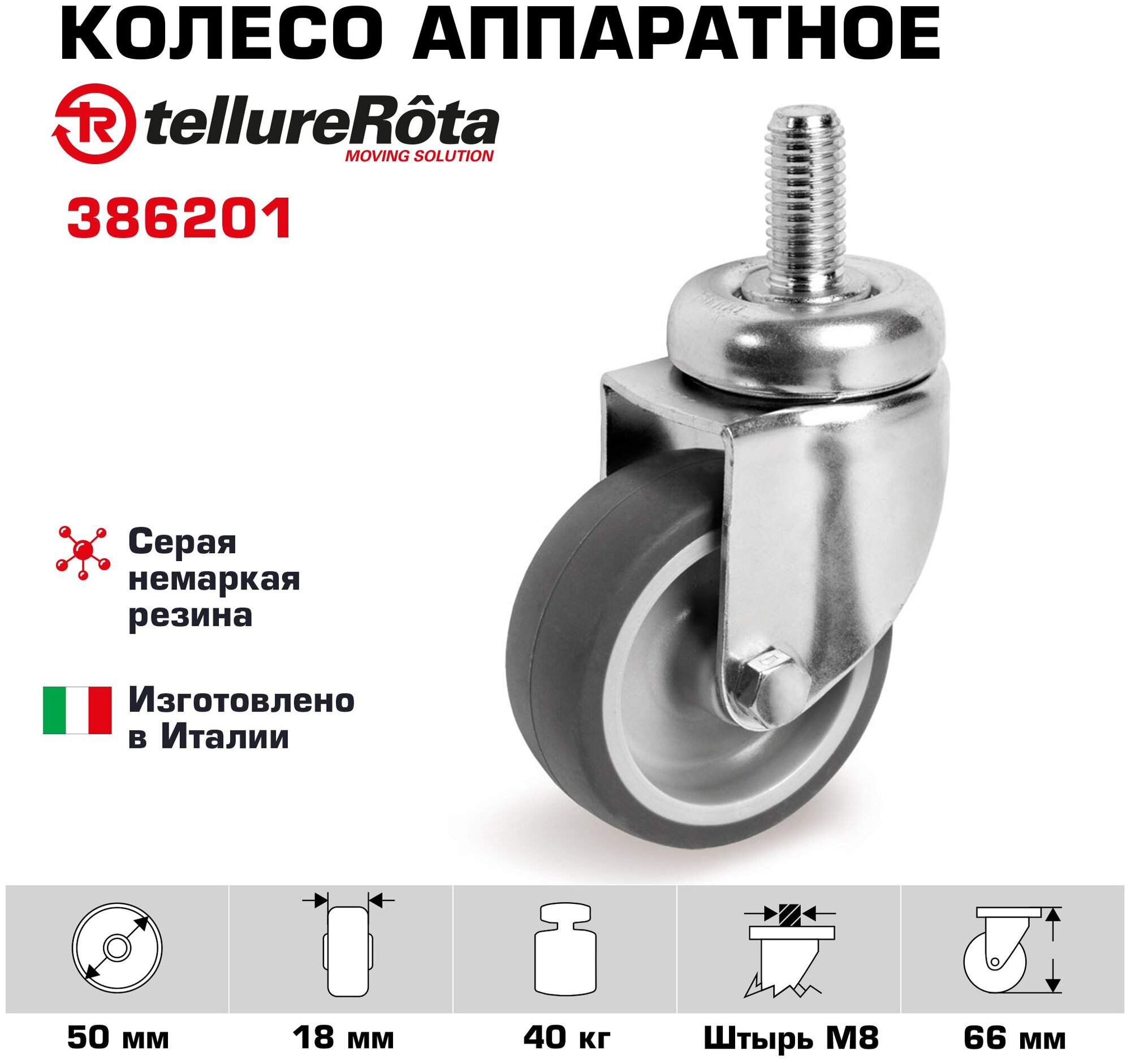 Колесо аппаратное Tellure Rota 386201 поворотное, диаметр 50мм, грузоподъемность 40кг, серая резина, полипропилен, штырь с резьбой M8