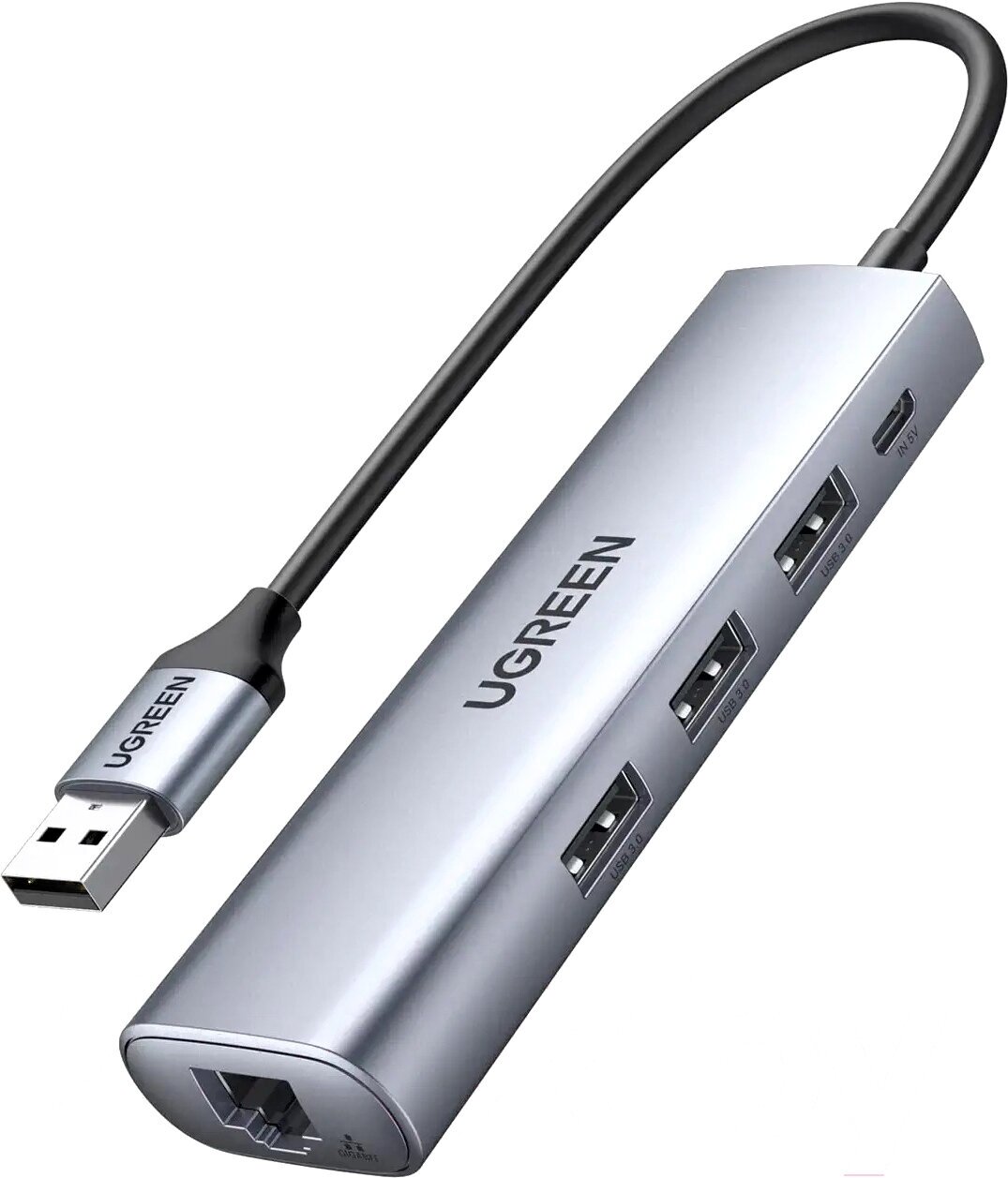 Хаб UGREEN CM266 (60812) USB-A 30 to 3 USB-A 30 + RJ45(Gigabit) порт для питания Micro USB Gray