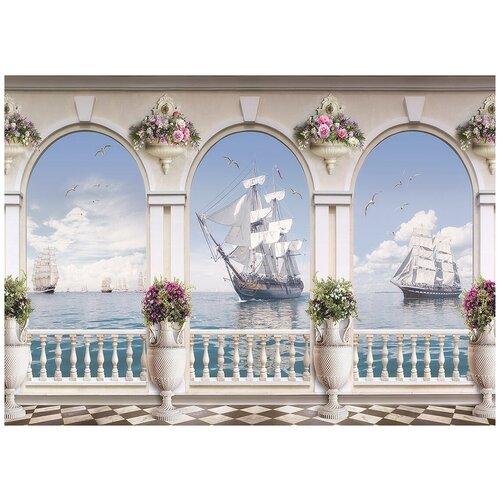 Арка и парусники - Виниловые фотообои, (211х150 см) арка вид на море виниловые фотообои 211х150 см
