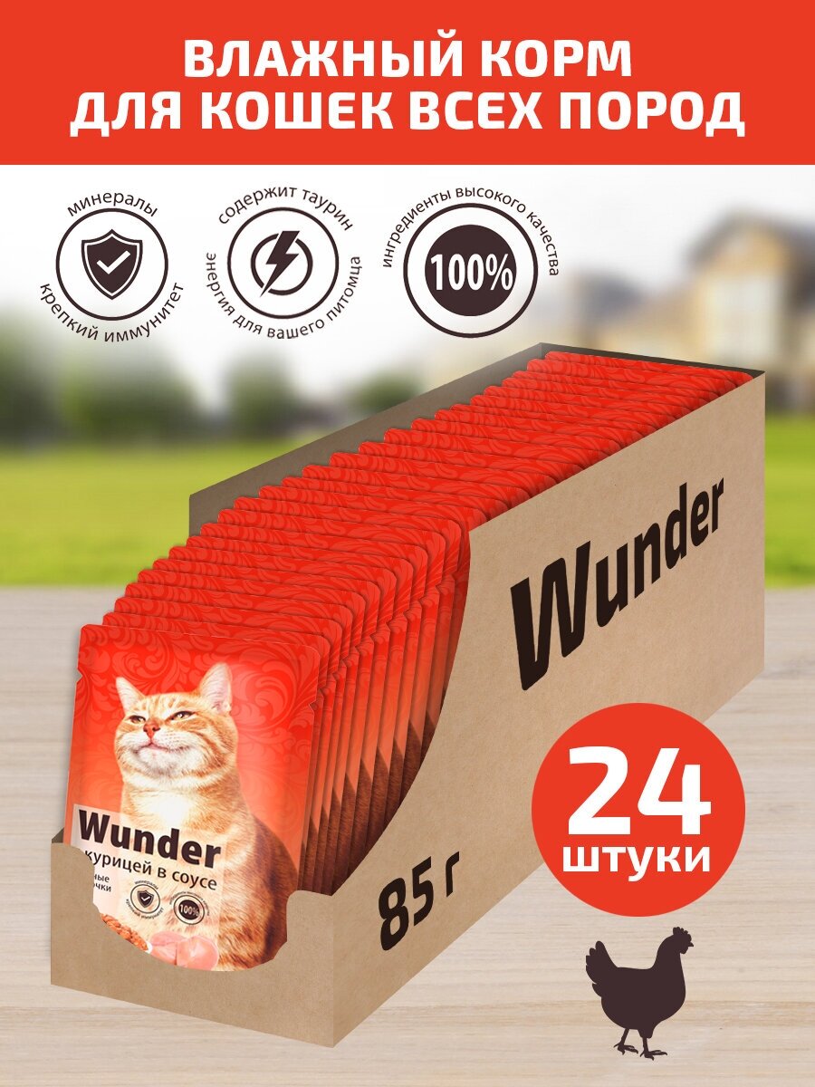 Влажный корм для кошек "Wunder"с курицей в соусе, 1 уп/24 пауча по 85 гр
