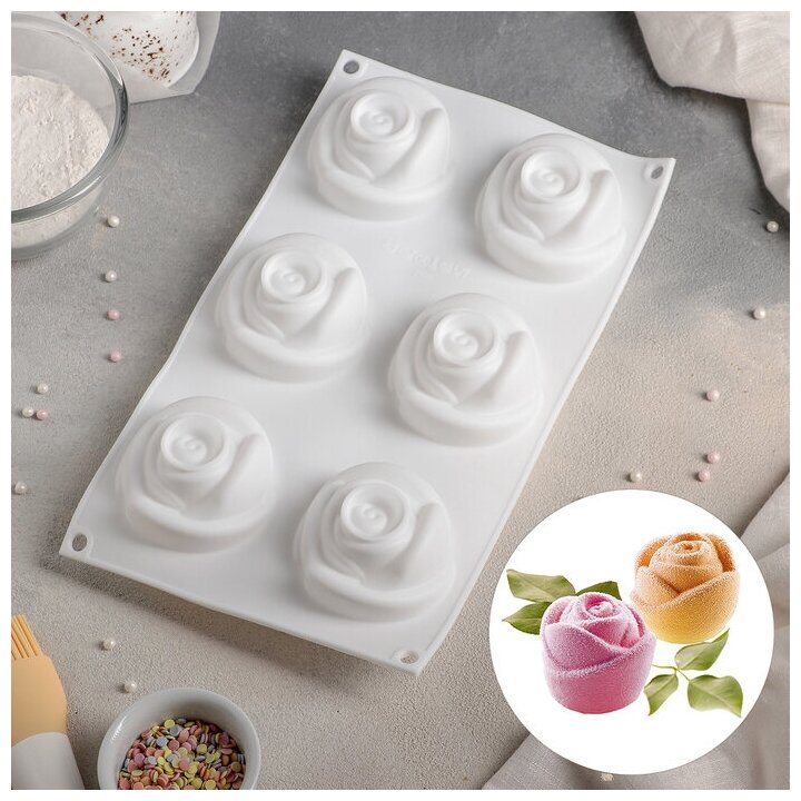 Доляна Форма для муссовых десертов и выпечки Доляна «Розы», 30×17,5×5 см, 6 ячеек (6,5×6,8 см), цвет белый