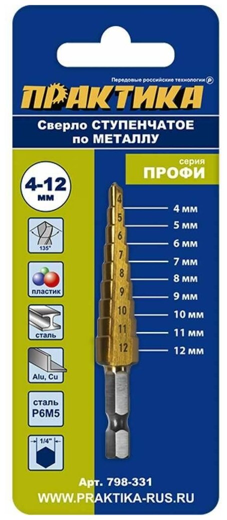 Сверло по металлу ступенчатое ПРАКТИКА 798-317 4-20 мм шаг 2 мм TIN (1шт.), профи