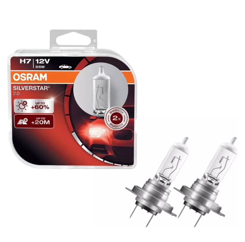 Лампа галогеновая H7 12V 55W OSRAM Silverstar 2.0 +60% РХ26d (2 шт. в короб.) (64210SV2-HCB*)