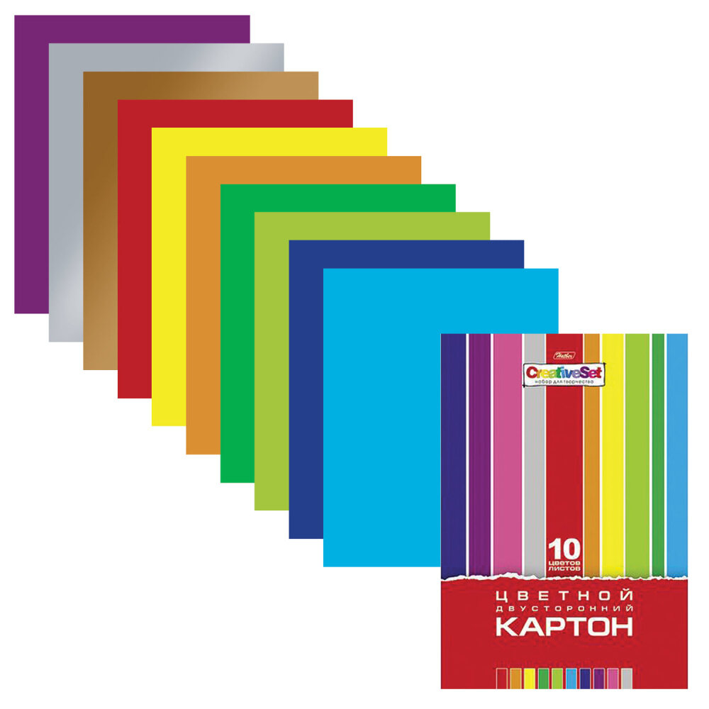 Картон цветной А4 2-сторонний мелованный, 10 листов 10 цветов, папка, HATBER, 195х280 мм, "Creative", 10Кц4 05934, N138007 упаковка 5 шт.