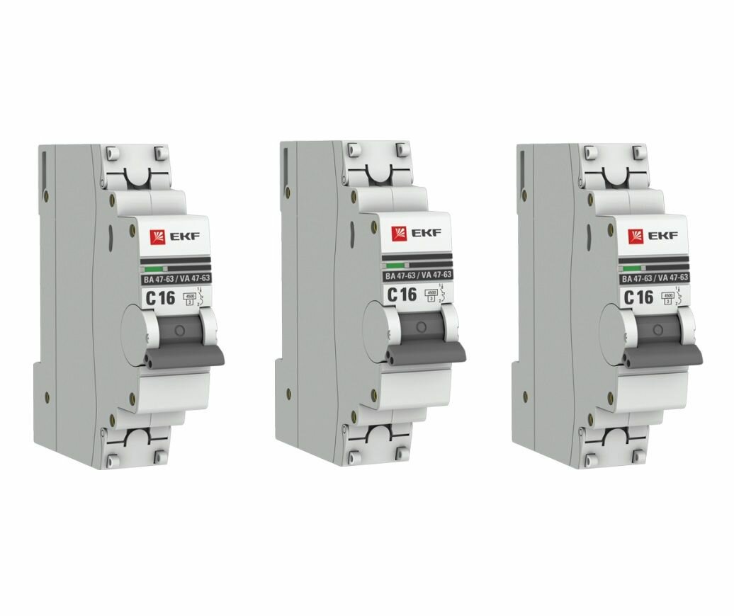 Автоматический выключатель 1P 16А (C) 4,5kA ВА 47-63 EKF PROxima 3 штуки