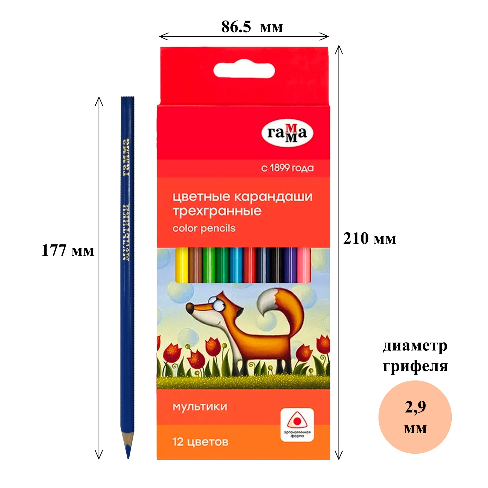 Набор цветных карандашей для школы 12 цветов, трехгранные, Гамма "Мультики", заточенные, картонная упаковка