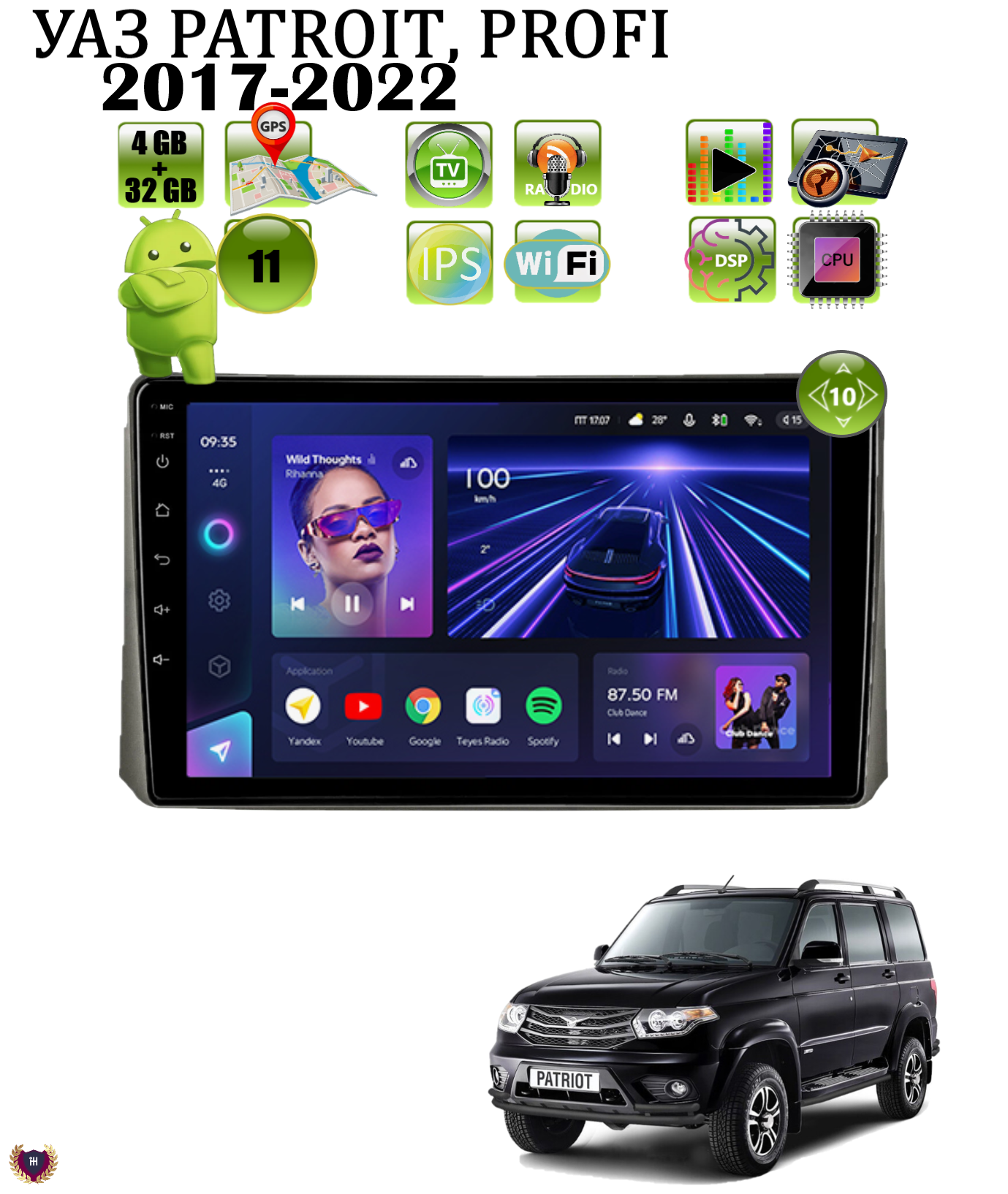 Автомагнитола для УАЗ Patriot Патриот, Profi (2017-2022), Android 11, 4/32 Gb, Wi-Fi, Bluetooth, CarPlay, GPS, IPS экран, сенсорные кнопки, раздел экрана