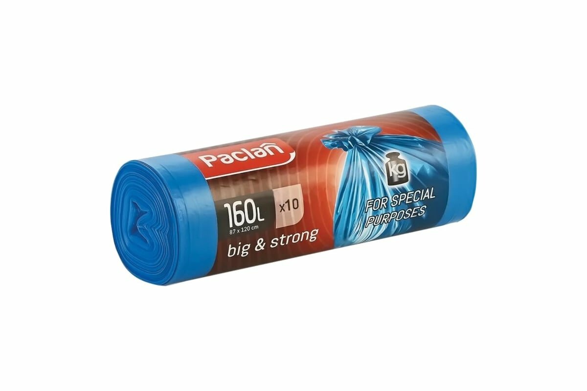 Мешки для мусора Big&Strong (10 шт; 120x87 см; 160 л; ПВД; 21 мкм; синие) PACLAN 604075