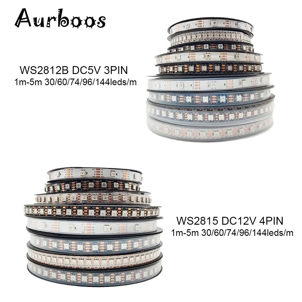 RGB адресная светодиодная лента Aurboos DC5V/DC12V WS2815 DC12V 4PIN, Black PCB, 1m 144 IP30