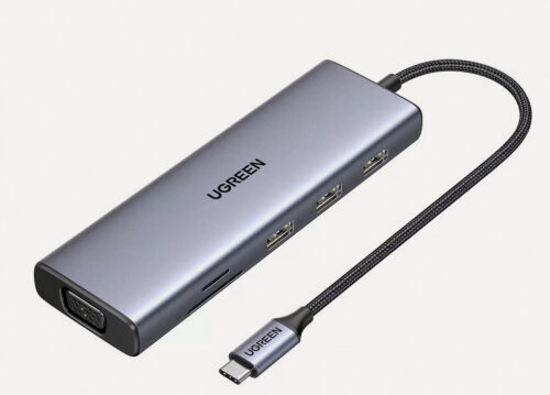 Изображение товара Хаб (разветвитель) Ugreen CM498, USB-C to 3*USB-A TF SD VGA RJ45 HDMI PD100W USB-C, серый(15600)