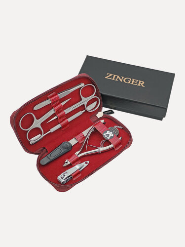 Изображение товара Маникюрный набор Zinger MS-7105, 7 предметов, медицинская сталь, натуральная кожа, серебристый/бордовый
