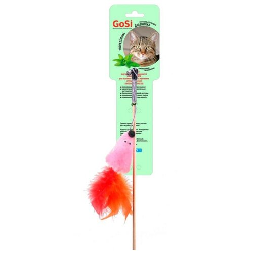 Игрушка-махалка GoSi Мышь с мятой на веревке, розовый мех, с хвостом из перьев