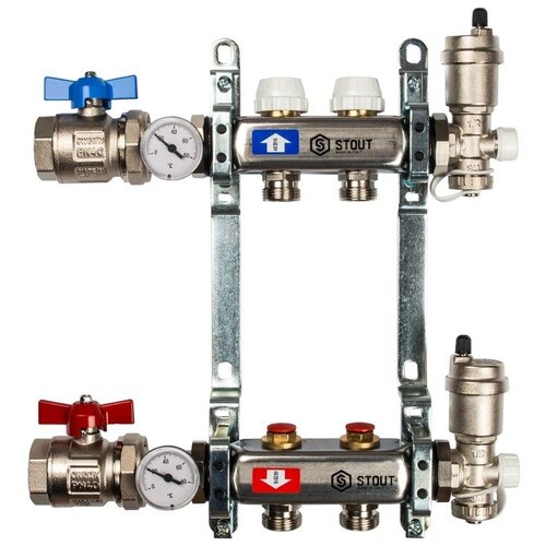 STOUT Коллекторная группа в сборе STOUT - 1 на 2 контура 3/4 (нерж. сталь, с вентилями)