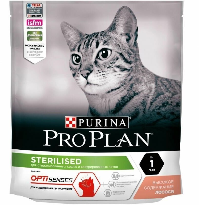 Корм Purina (Пурина) PRO PLAN для взрослых стерилизованных кошек и кастрированных котов, с высоким содержанием лосося, 400г - фотография № 1