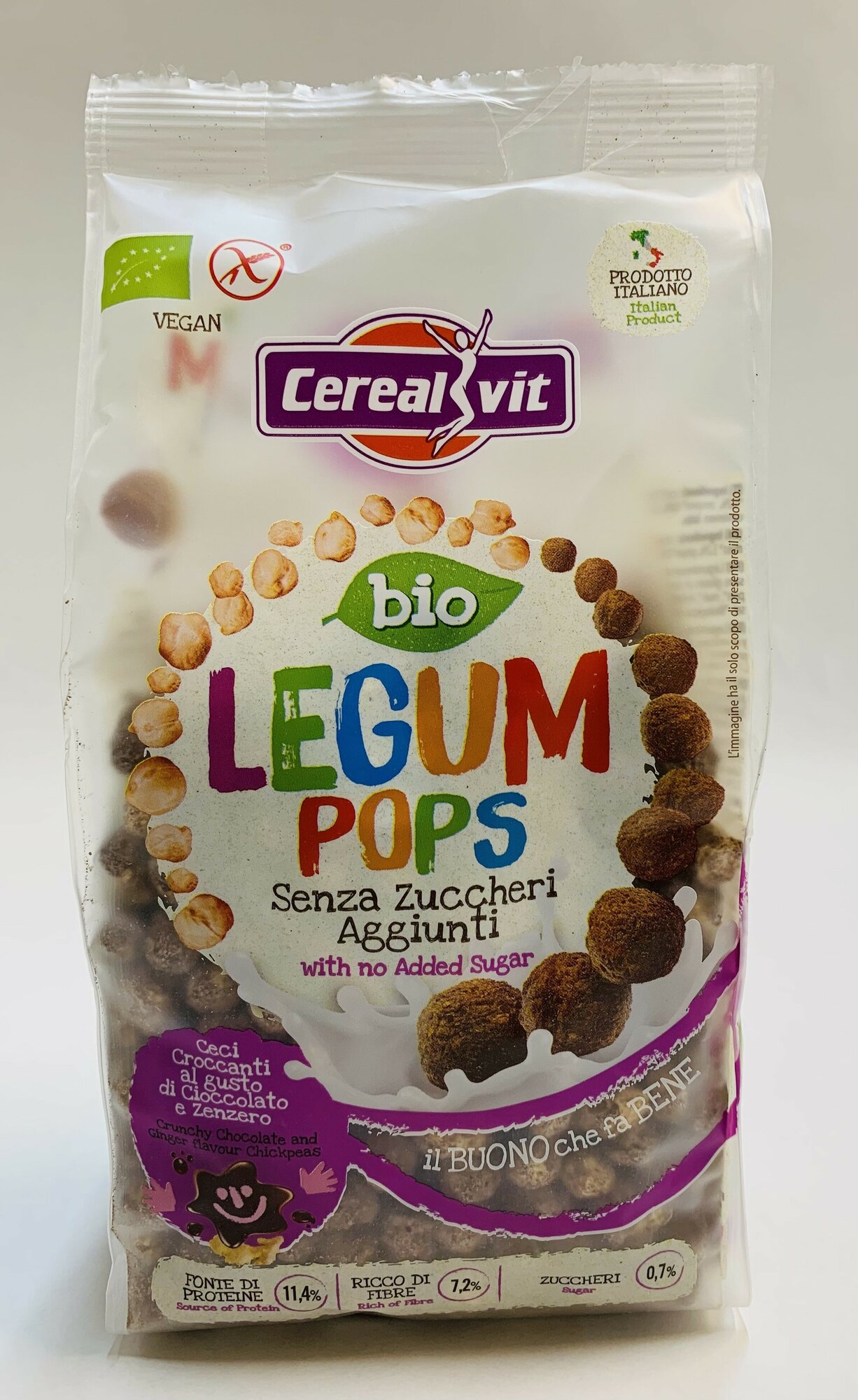 Cerealvit Шарики воздушные бобовые с шоколадом и имбирём «LEGUM POPS» БИО без глютена, без сахара Италия 175 г