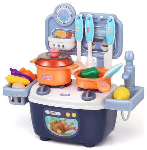 Интерактивная детская кухня, многофункциональный игрушечный гарнитур с набором посуды, продуктами и раковиной, 28см, синий