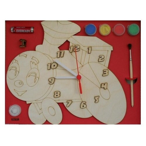 фото Часы с циферблатом под роспись "паровозик" с красками нескучные игры