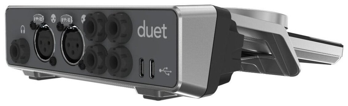 Apogee Duet Dock док-станция для интерфейса Duet 3. Входы: 2 XLR (микр/лин), 2 TS (инстр). Выходы: 2 TRS лин, выход на наушники. 2 порта USB-C