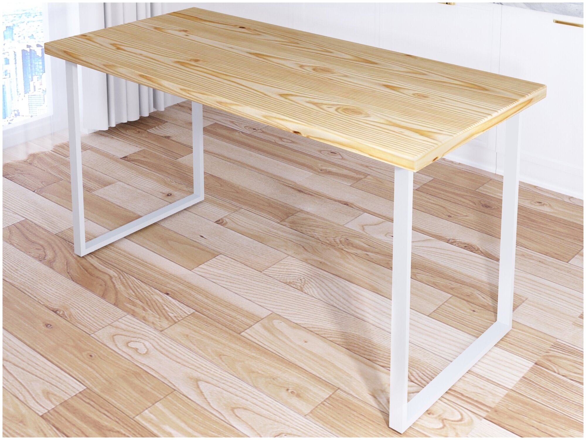 Стол кухонный Loft из массива сосны без шлифовки и покраски, 130х60х75 см, с белыми металлическими ножками