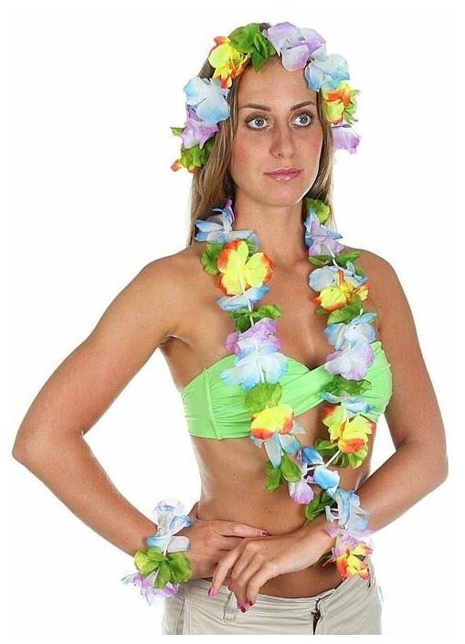 Набор гавайская тема 4в1 (ожерелье+ венок+2 браслета) многоцветные цветы 324713