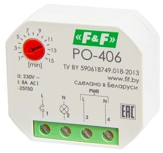 Реле времени PO-406 8А 230В 1НО IP20 задержка выключ./управ. контактом монтаж в коробку d-60мм F&F EA02.001.019 - фотография № 2