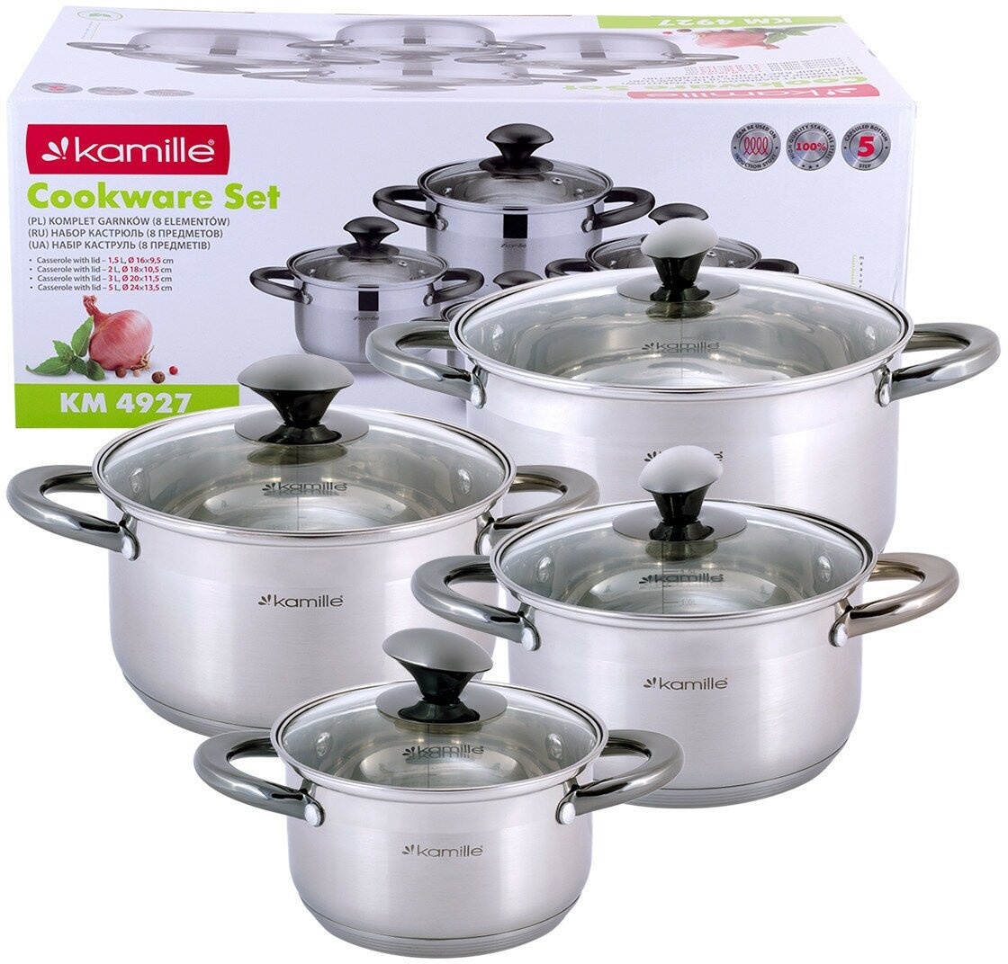 фото Набор из 4-х кастрюль Kamille 1.5 л, 2 л, 3 л, 5 л из нержавеющей стали с крышкой