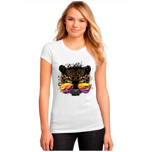 фото "женская белая футболка леопард, шерсть, отражение". размер xxl drabs
