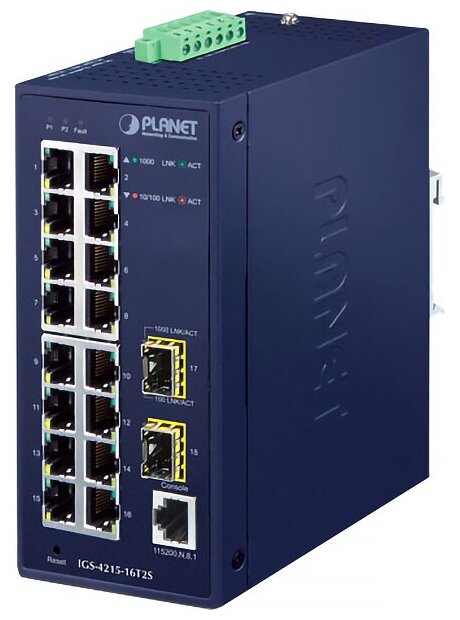 PLANET IGS-4215-16T2S IP30 Industrial L2/L4 16-Port 10/100/1000T + 2-Port 100/1000X SFP Managed Switch (-40~75 degrees C, dual redundant power input o