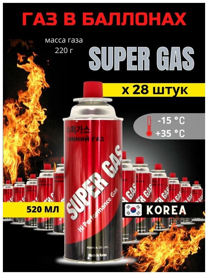 Газовый баллон SUPER GAS 28 шт для горелки / плиты всесезонный