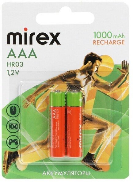 Mirex Аккумулятор Mirex, Ni-Mh, AAA, HR03-2BL, 1.2В, 1000 мАч, блистер, 2 шт.
