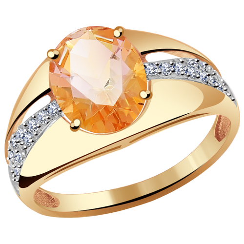 Кольцо АЛЕКСАНДРА, золото, 585 проба, кристаллы Swarovski, топаз Swarovski, размер 18.5, бесцветный, оранжевый