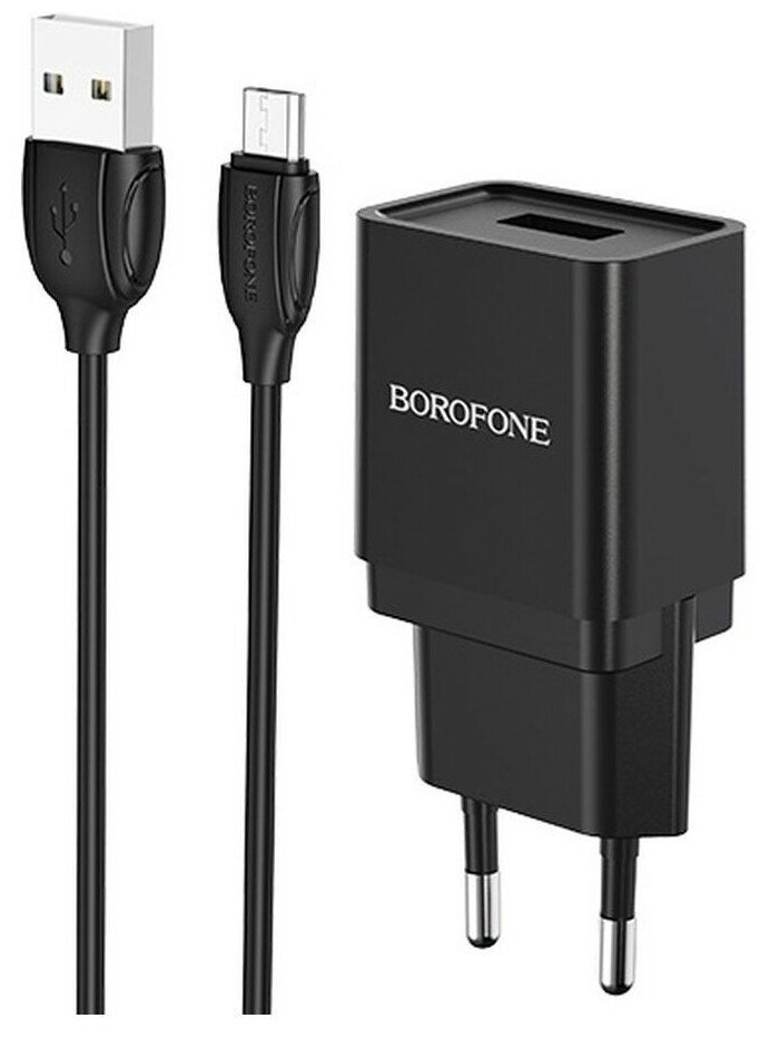 Сетевое зарядное устройство c USB Borofone, BA19A, черное,micro max 1A