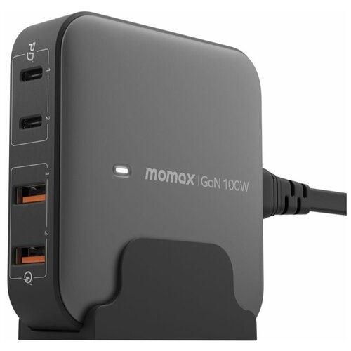 Зарядное устройство сетевое, настольное с подставкой Momax OnePlug GaN 100 Вт 2x USB-C / 2x USB-A - Темно-серый (UM33UKD)
