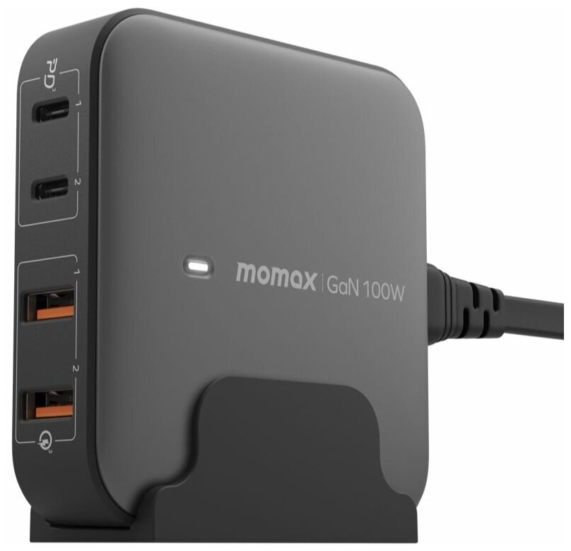 Зарядное устройство сетевое, настольное с подставкой Momax OnePlug GaN 100 Вт 2x USB-C / 2x USB-A - Темно-серый (UM33UKD)