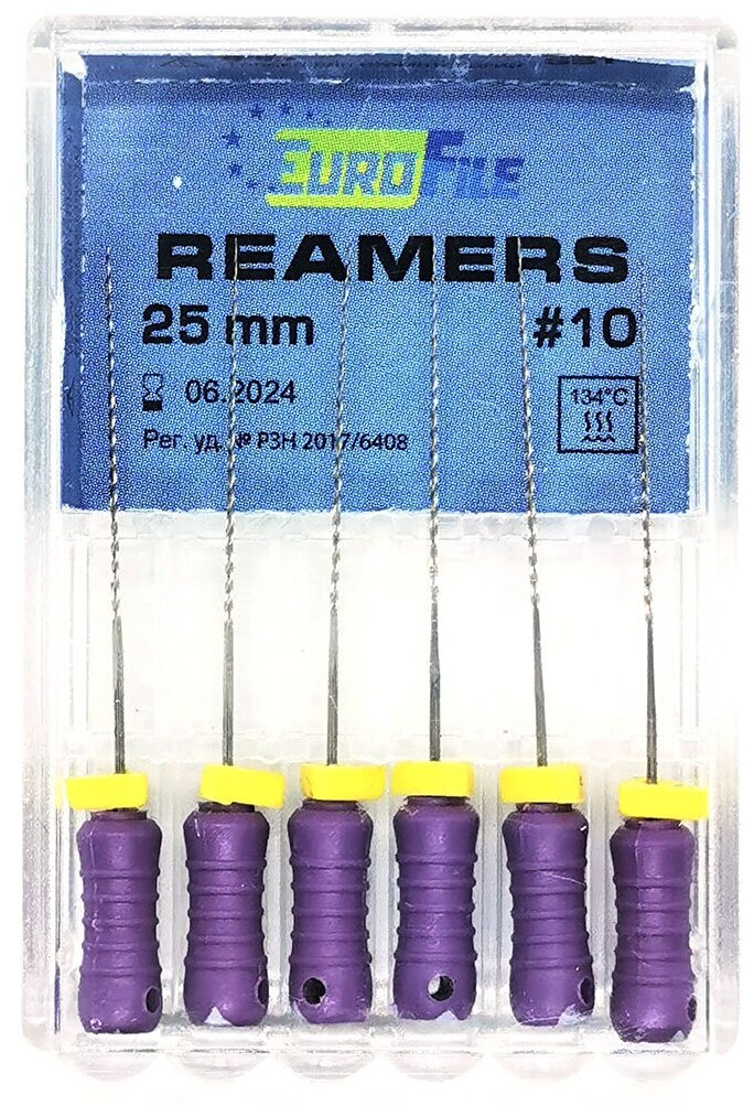 Reamers - стальные ручные дрильборы (каналорасширители), 25 мм, N 10, 6 шт/упак