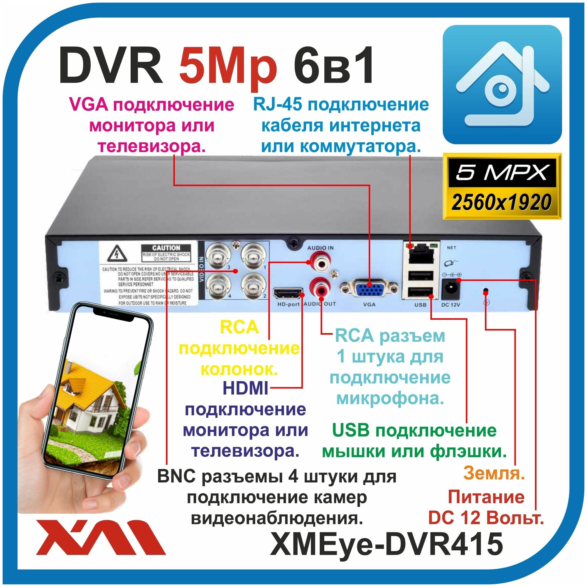 Регистратор для камер видеонаблюдения XMEye-DVR415 (AHD XVI CVI TVI CVBS IP) 4 Видео 1 Аудио
