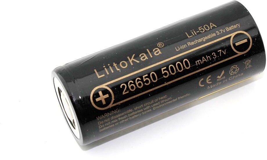 Аккумулятор Li-Ion 5000 мА·ч 3.7 В LiitoKala 26650(с выпуклым пином) , 1 шт.